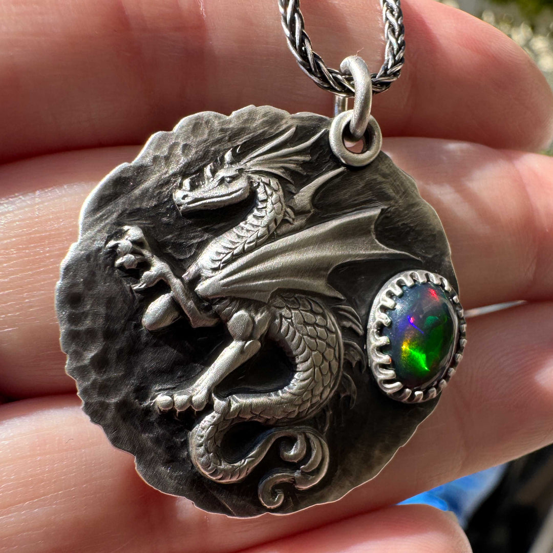 Welo Opal Dragon Necklace | Sterling Silver Dragon Talisman