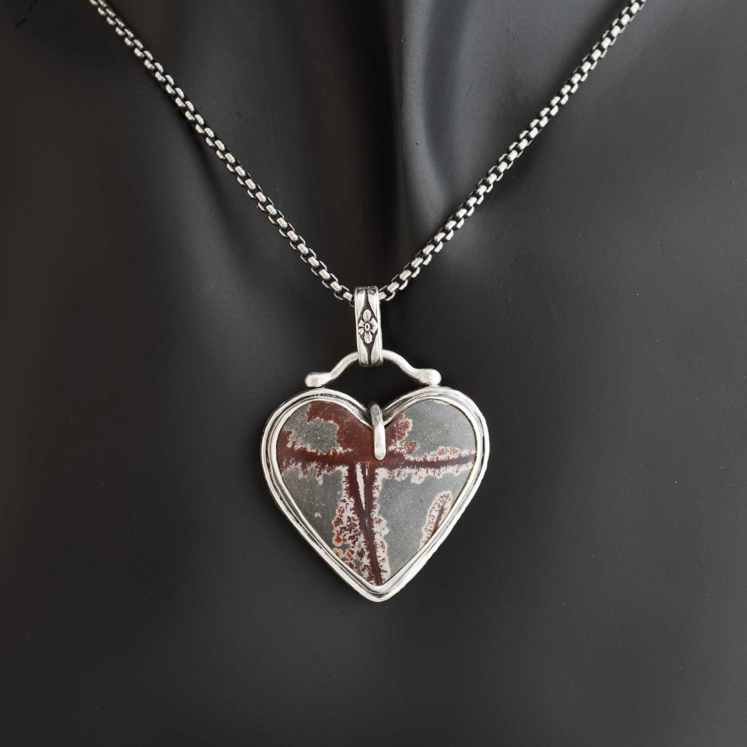 Sonoran dendritic rhyolite heart pendant in handcrafted sterling silver