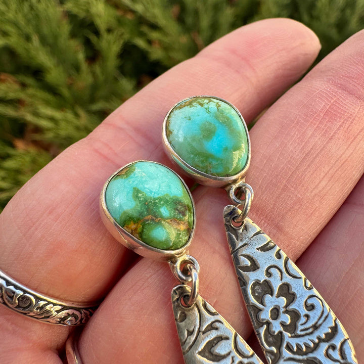 Natural Sonoran Gold turquoise teardrop stones set in sterling silver stud earrings