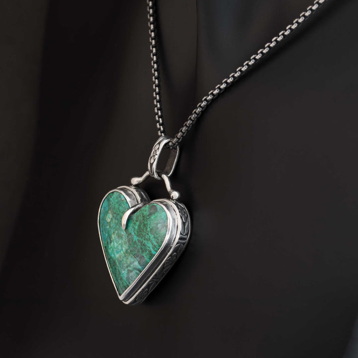 Spiderweb Chrysocolla Heart Pendant Necklace in Sterling Silver