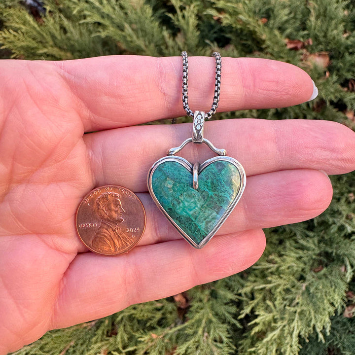 Spiderweb Chrysocolla Heart Pendant Necklace in Sterling Silver