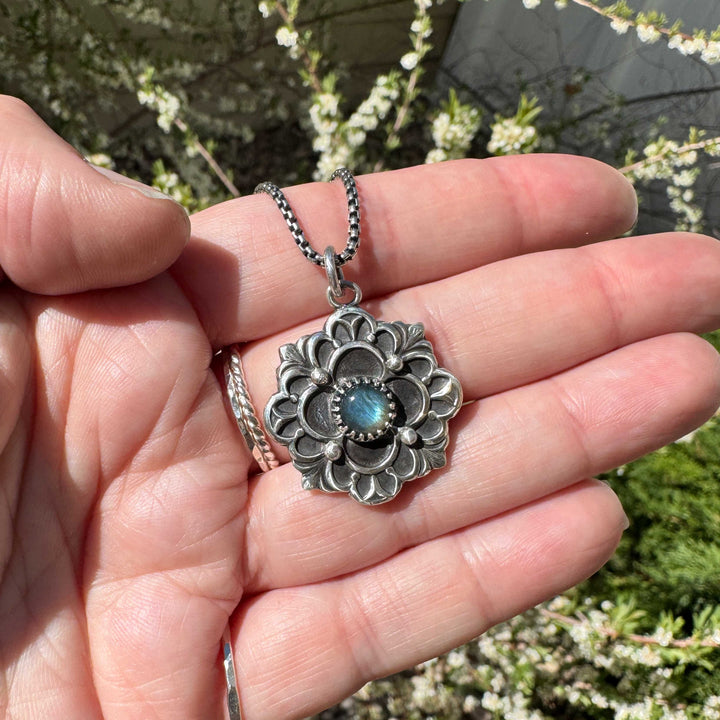 French Gothic silver pendant with blue labradorite from reproduction of antique Parisian die