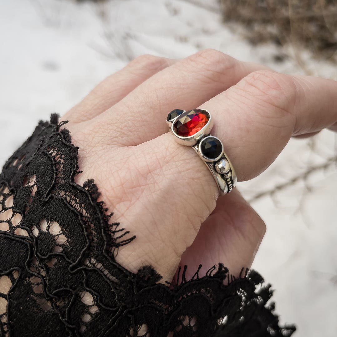 Garnet and Black Onyx Three Stone Statement Ring