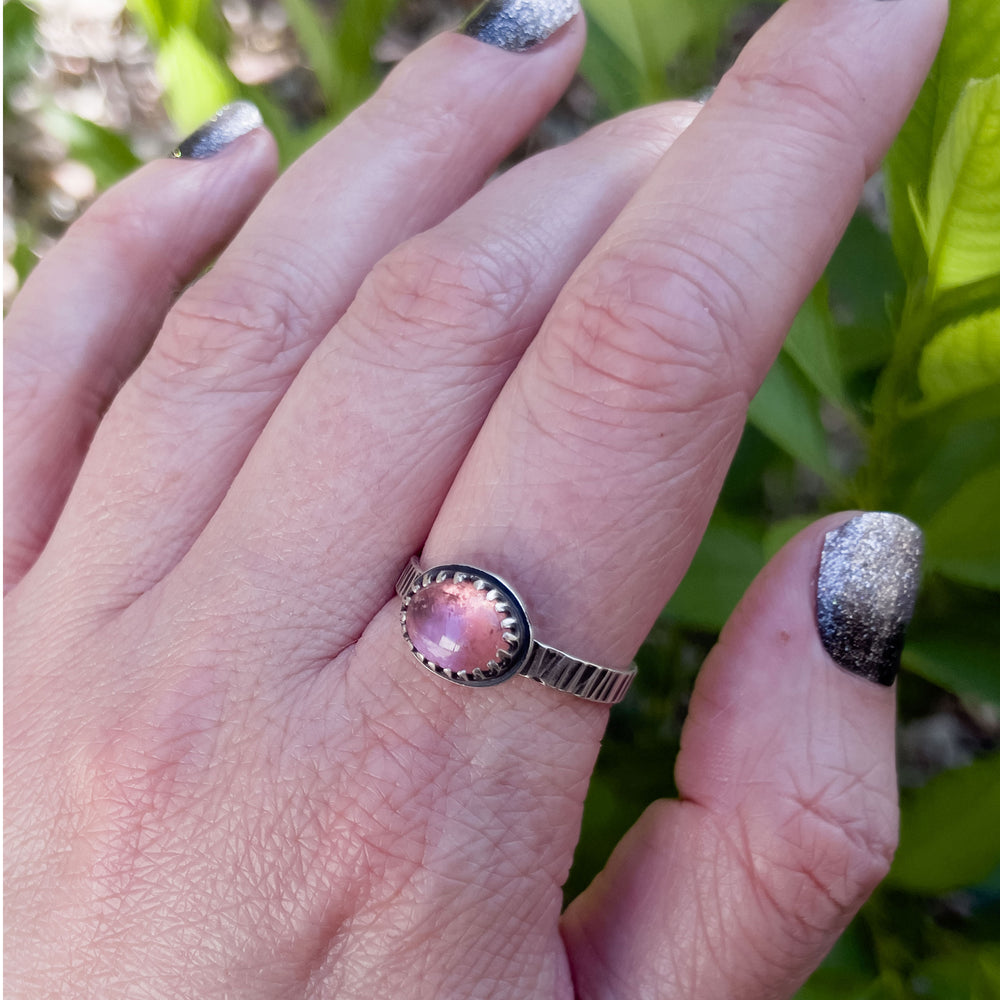 Size 10 sterling silver ring featuring a petal pink tourmaline gemstone