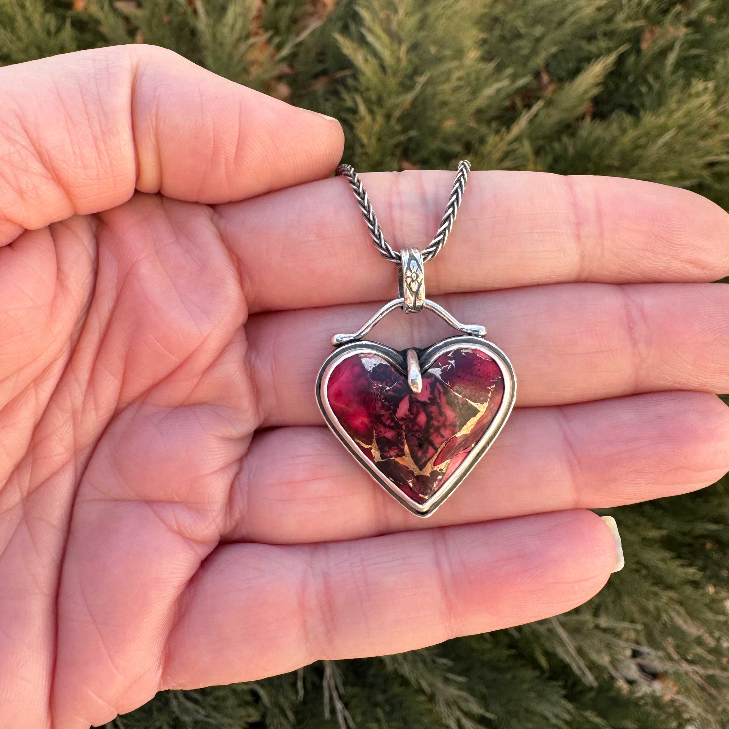 Gothic Heart Necklace | Red Dahlia Rose Stone Pendant in Sterling