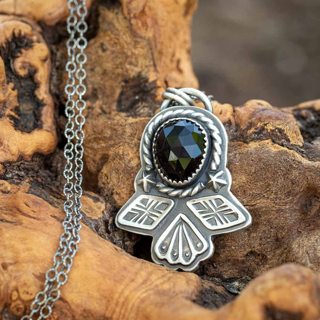 Black Onyx Hand Stamped Pendant Necklace