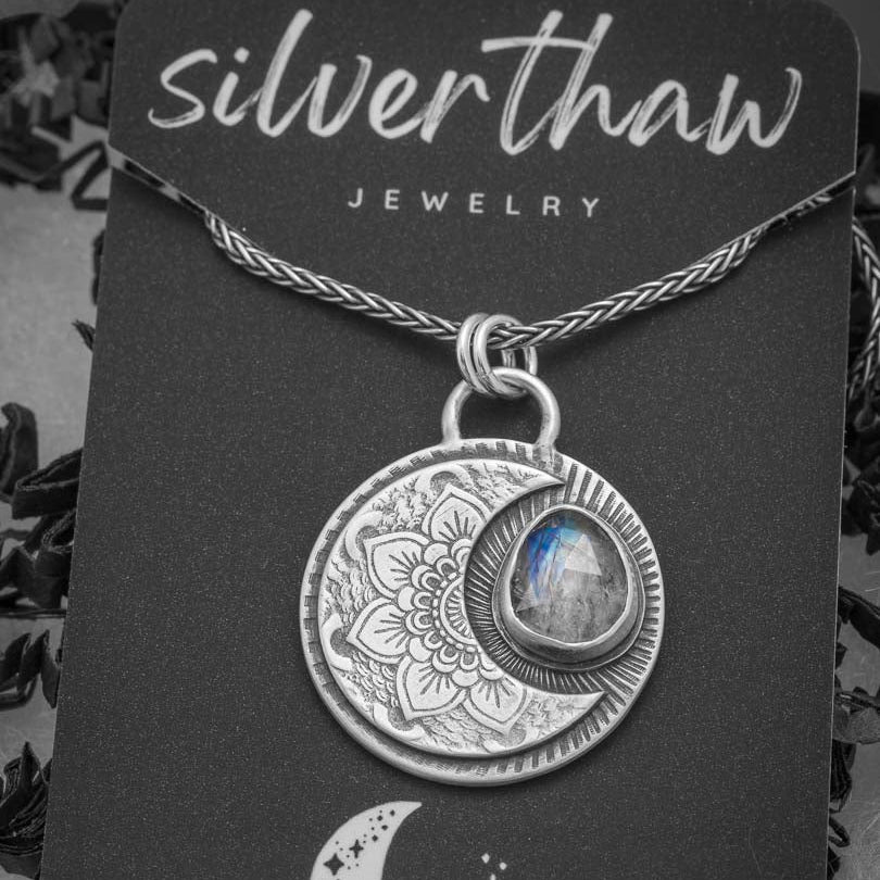 Sterling Silver Crescent Moon Necklace with Rainbow Moonstone