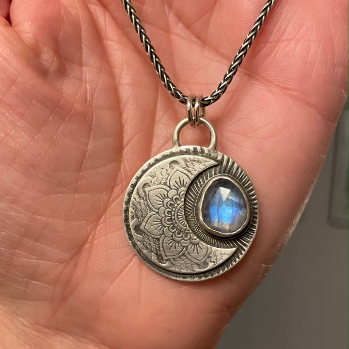 Sterling Silver Crescent Moon Necklace with Rainbow Moonstone