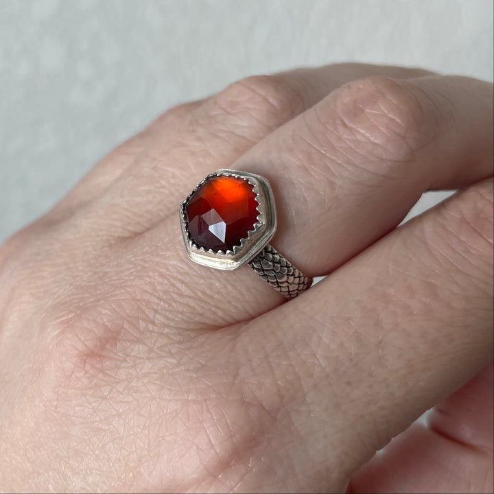 Handmade Sterling Silver Dragon Scale Ring with Hessonite Garnet Stone