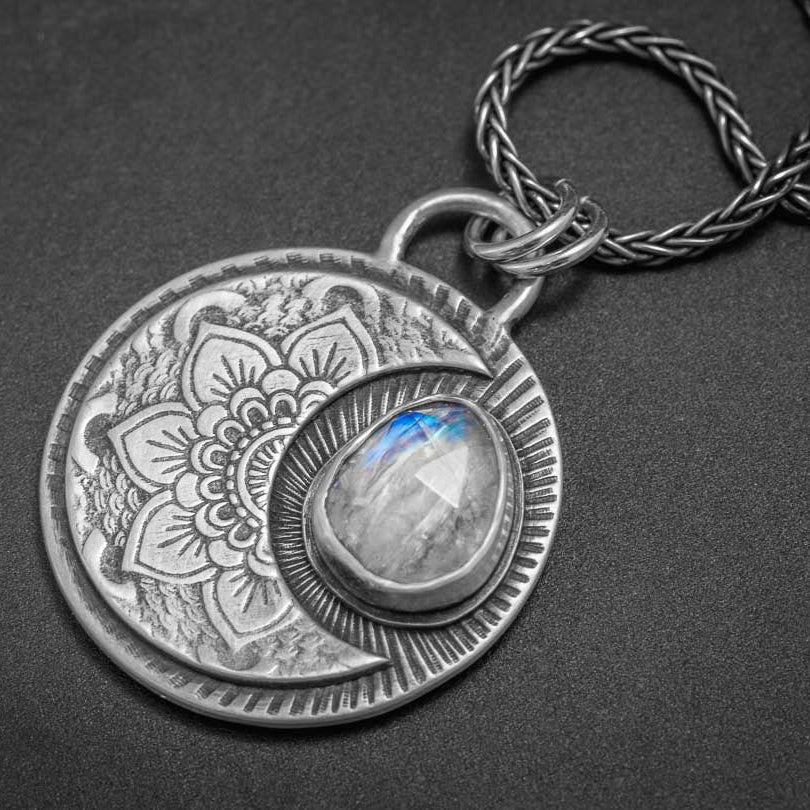 Sterling Silver Crescent Moon Necklace with Rainbow Moonstone
