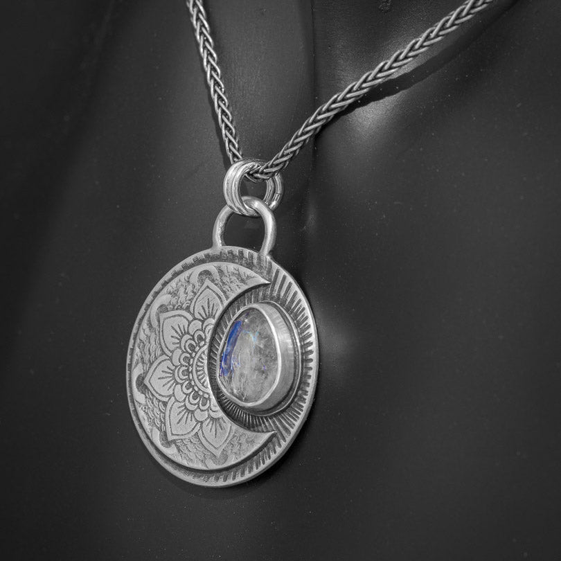 Sterling Silver Crescent Moon Necklace with Rainbow Moonstone