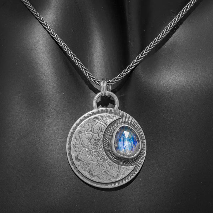 Sterling Silver Crescent Moon Necklace with Rainbow Moonstone