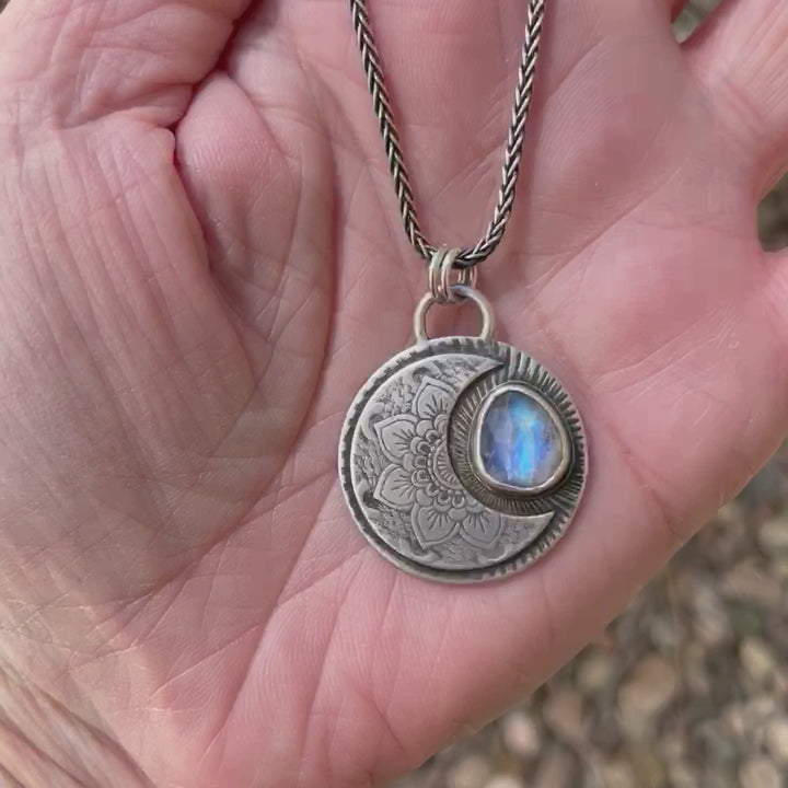 Sterling Silver Crescent Moon Necklace with Rainbow Moonstone