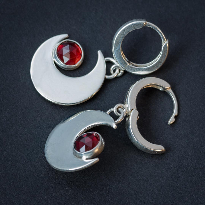 Garnet Crescent Moon Earrings with Silver Huggie Hoops