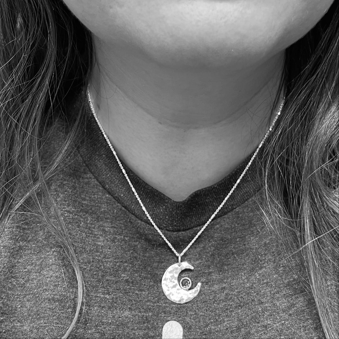 Crescent Moon Pendant Necklace with Simulated Emerald