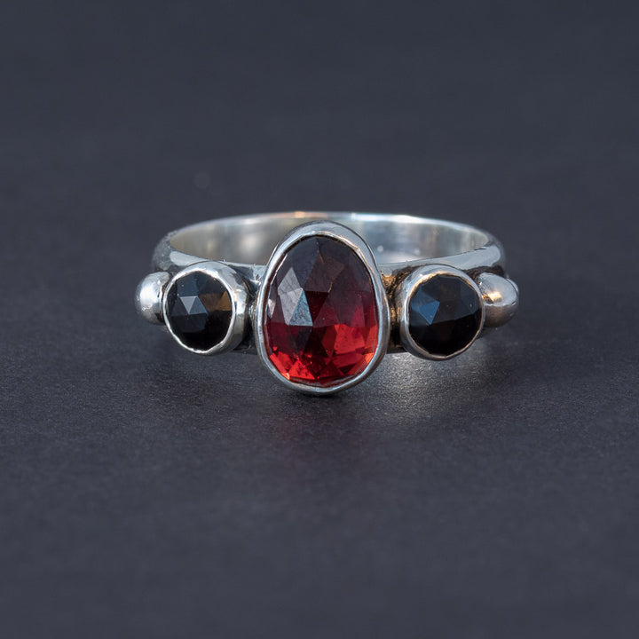 Garnet and Black Onyx Three Stone Statement Ring