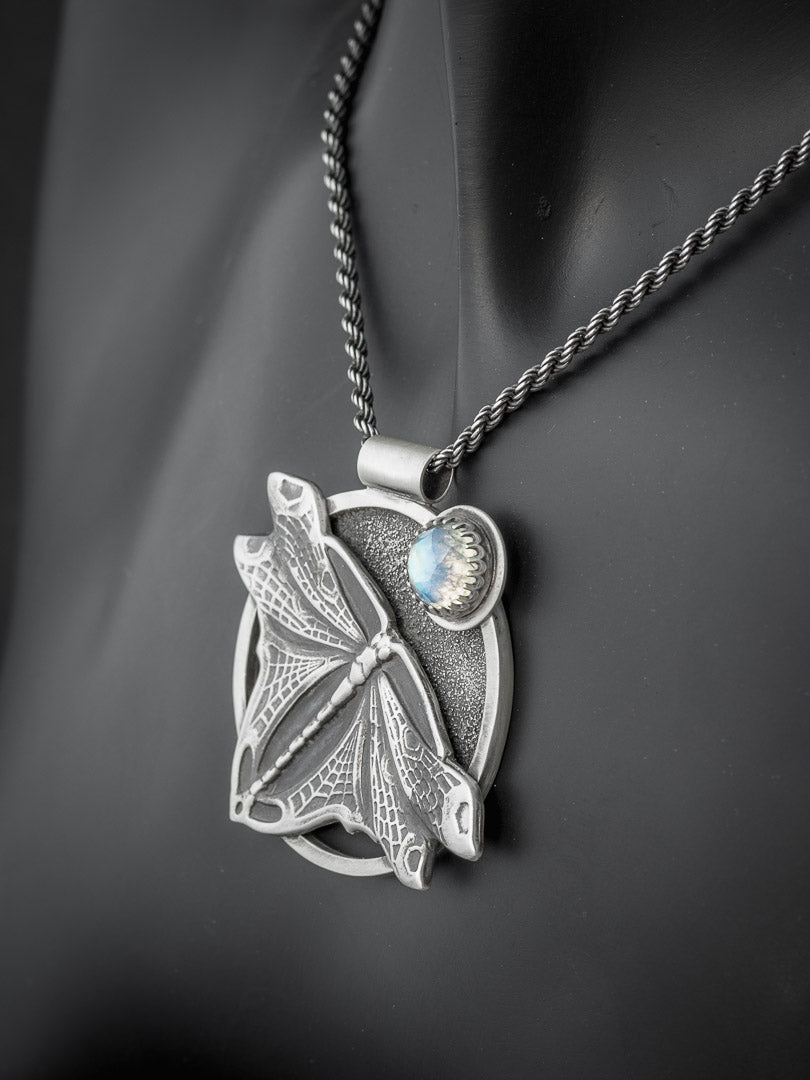 Sterling Silver Dragonfly Pendant Necklace with Rainbow Moonstone
