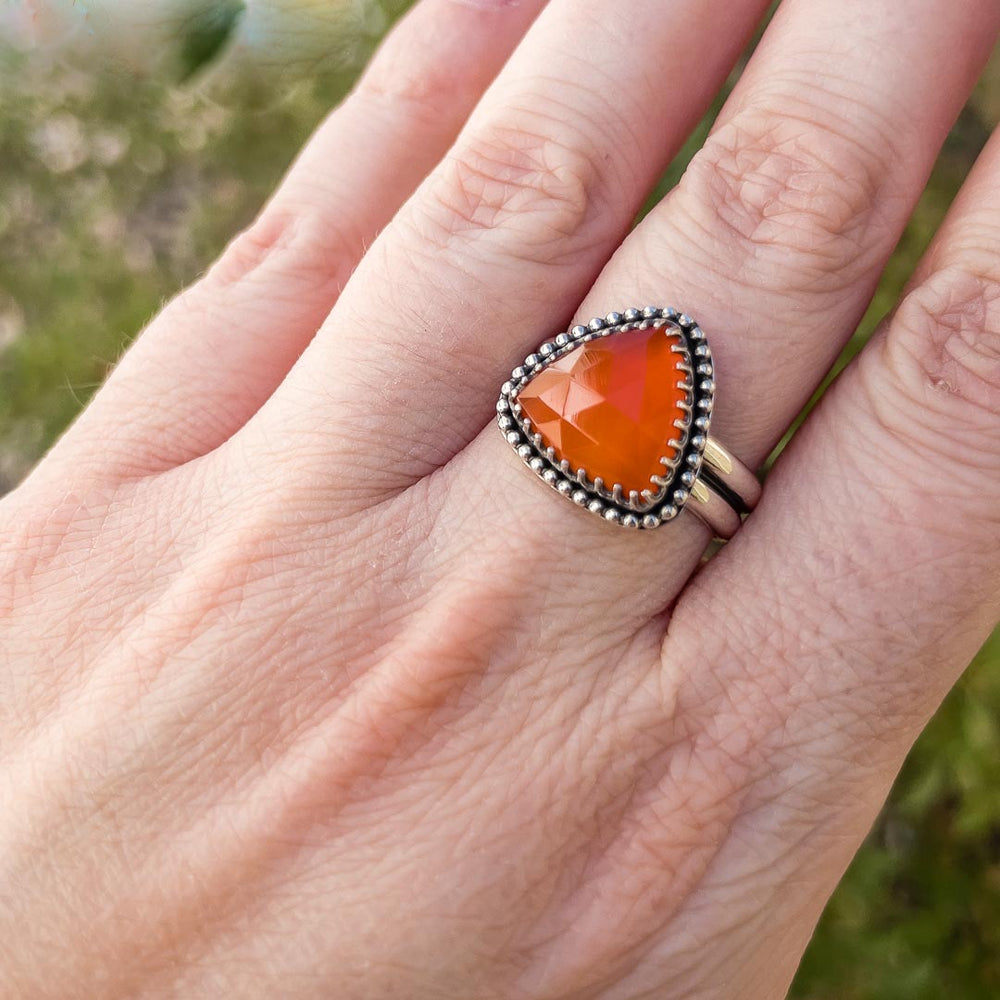 A bright orange carnelian stone ring in sterling silver.