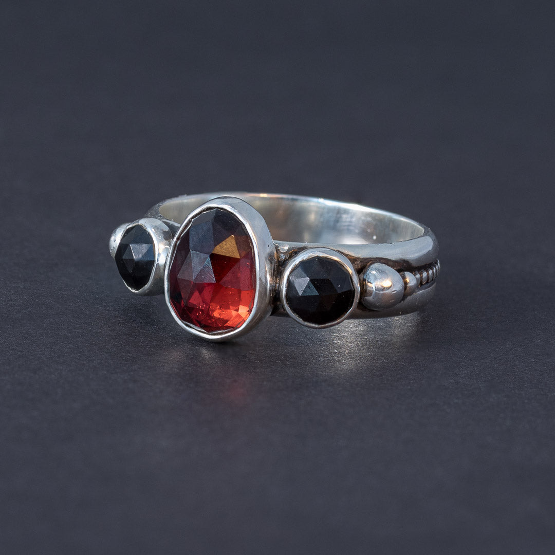 Garnet and Black Onyx Three Stone Statement Ring