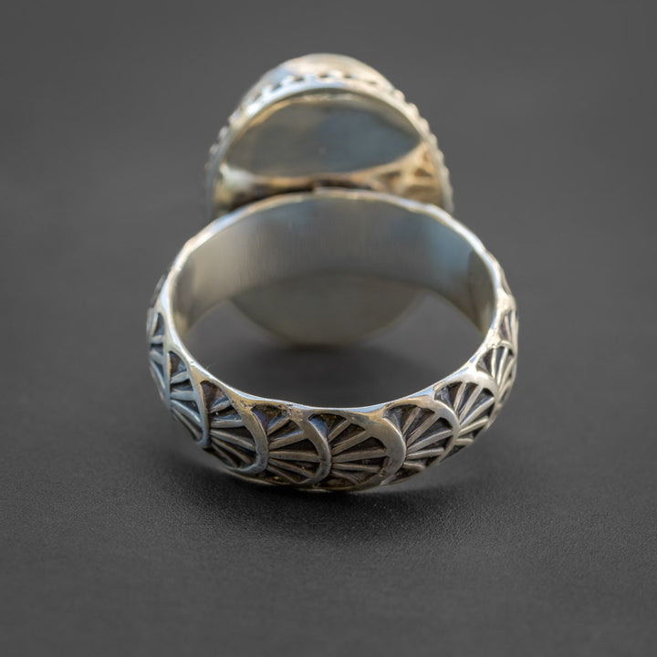The back of a southwestern ring with a hand stamped silver ring band in size 7. Colorado made jewelry.