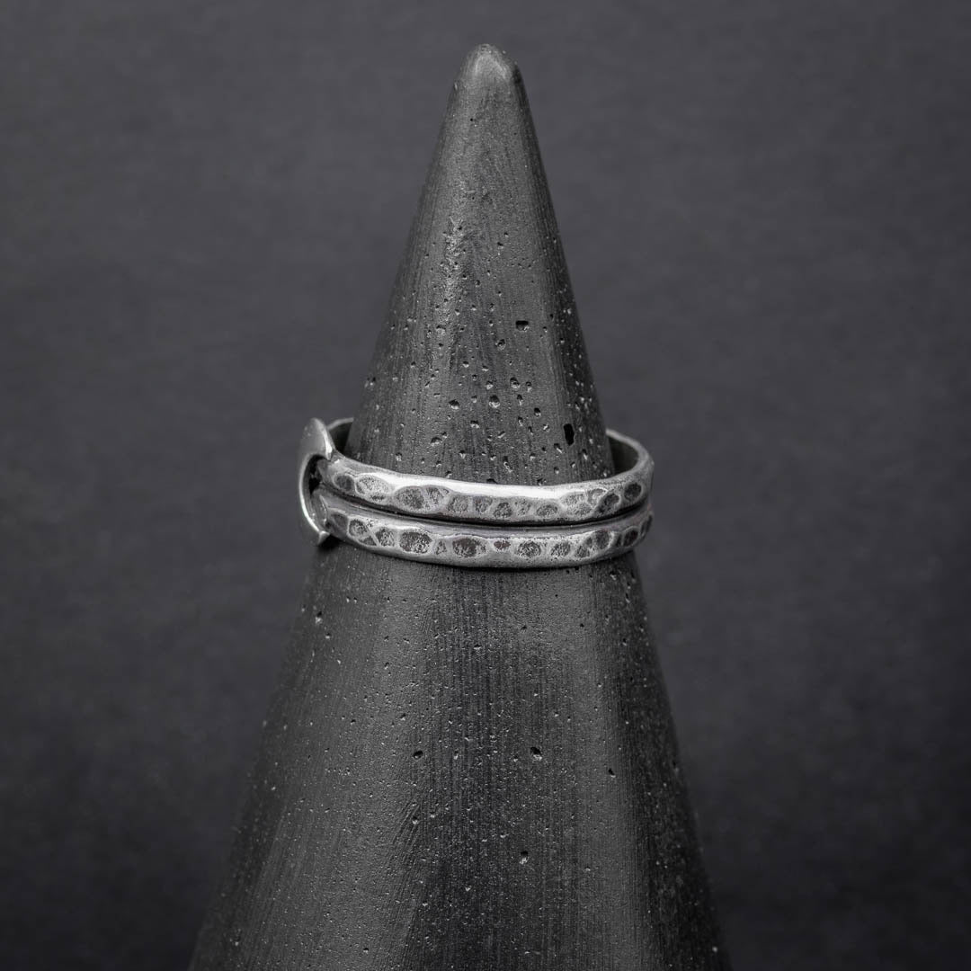 A side view of the witchcraft moon ring in sterling silver. Handmade jewelry in Fort Collins, CO.